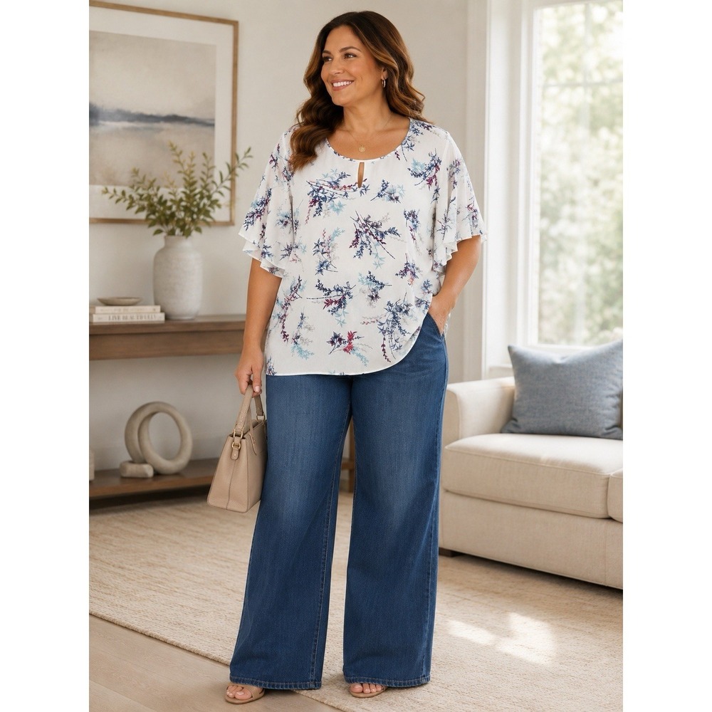 Van Heusen Womens 2X White Floral Flutter Sleeve Blouse Lightweight Boho QQ09
